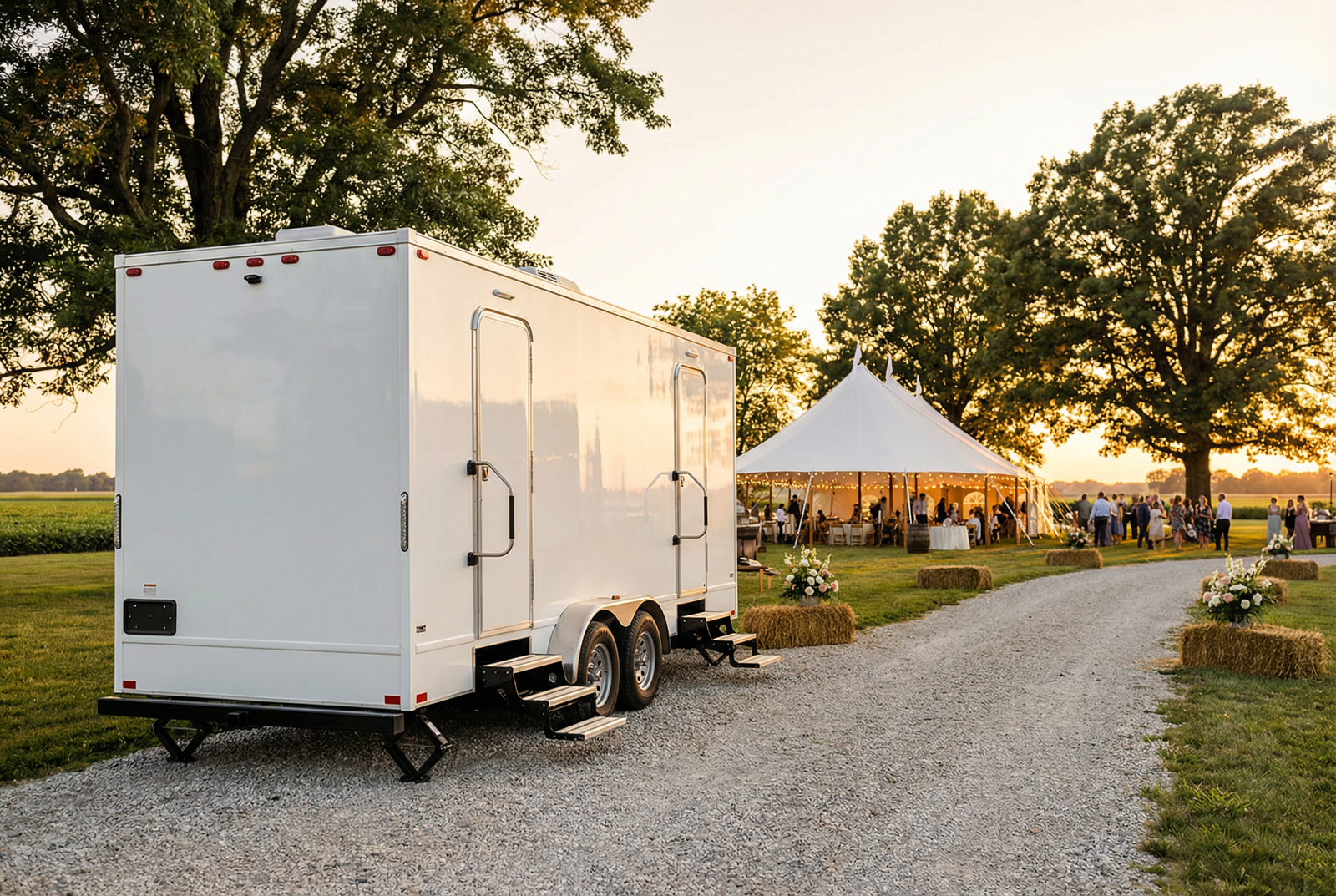 Luxury restroom trailer at an outdoor wedding in Indiana